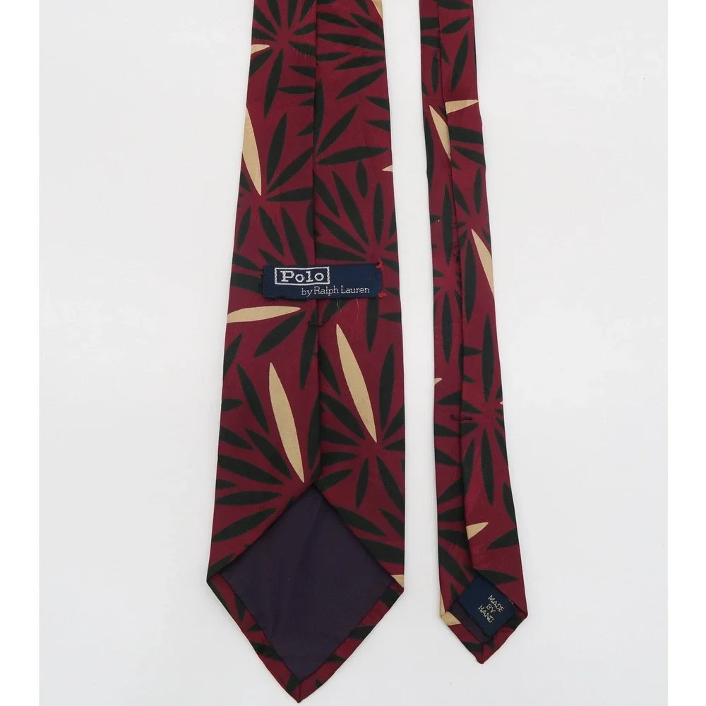 Polo Ralph Lauren Men Silk Tie Burgundy Red Black Tan Leaf Pattern Hand Made USA